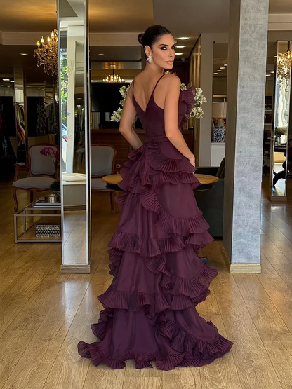 Structured Spaghetti Straps Sleeveless Ruffles Floor Length Evening Dress