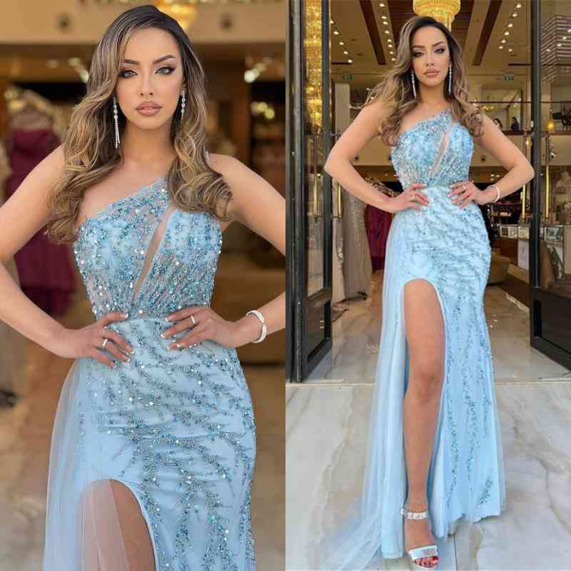 Baby Blue One-Shoulder Mermaid Prom Dress With Slit Sequins