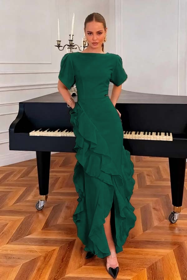 Charming Black Jewel Neck Short Sleeves Ruffles Split Evening Dress