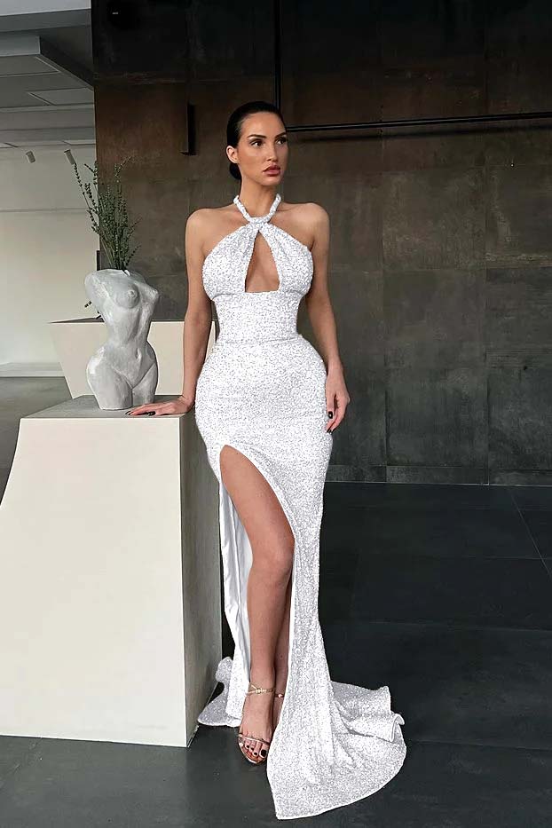 Sleeveless Halter Long Sequins Mermaid Evening Dress With Slit