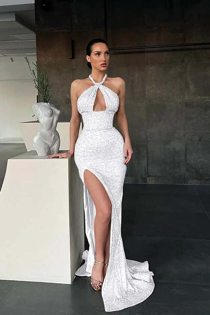 Sleeveless Halter Long Sequins Mermaid Evening Dress With Slit