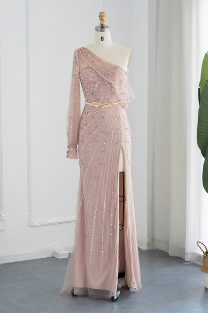 Pink Mermaid One Shoudler Evening Dress Side Split With Appliques Seqiuns