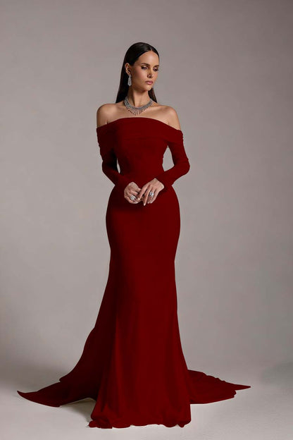 Stunning Prints Off the Shoulder Long Sleeves Mermaid Prom Dress with Pleated