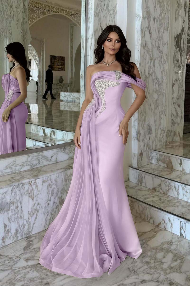 Elegant Pink Satin One Shoulder Beaded Strapless Prom Dress with Train