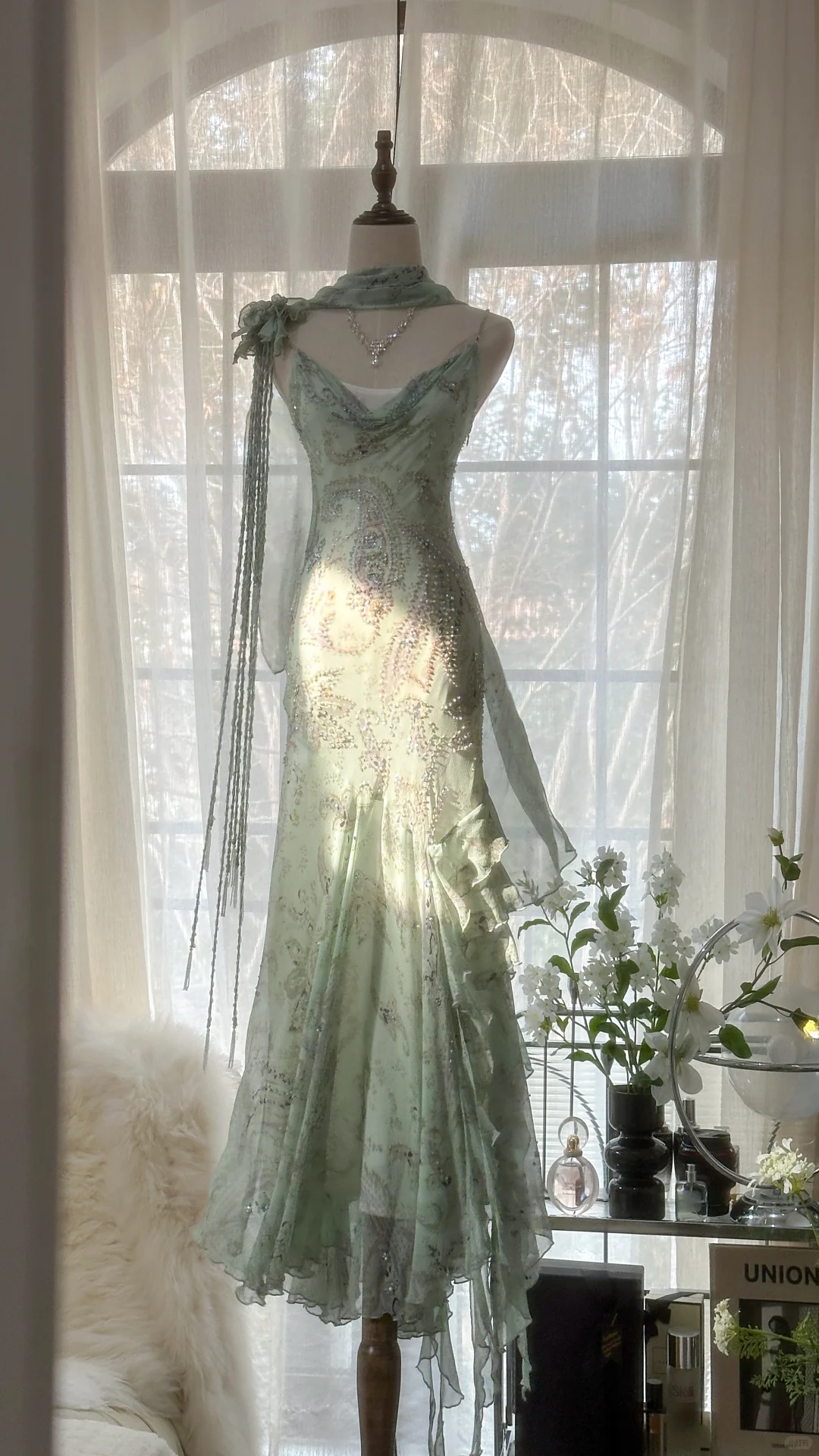 Elegant Light Green Sparkling Beaded Spaghetti Strap Romantic Chiffon Evening Dress Prom Dresses D1465
