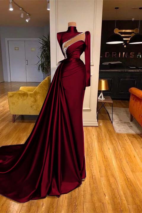 High Neck Long Sleeves Mermaid Prom Dress Beadings With Ruffles