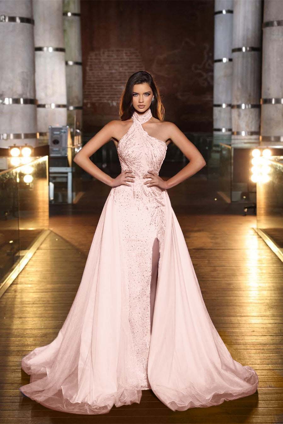 Purple Halter Mermaid Prom Dress Tulle Ruffles With Slit Appliques