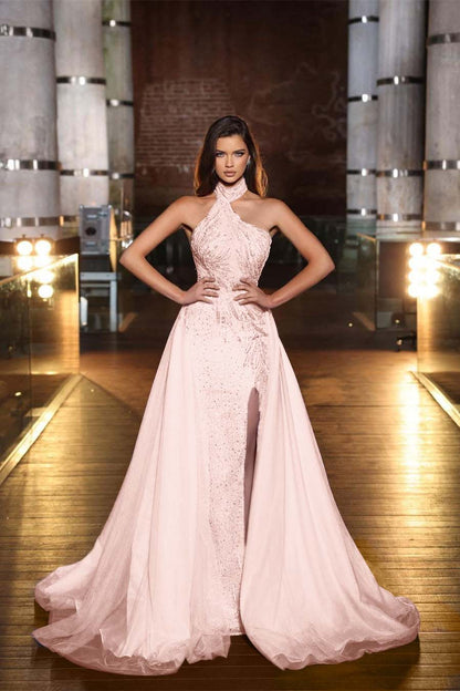 Purple Halter Mermaid Prom Dress Tulle Ruffles With Slit Appliques
