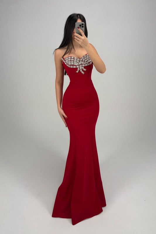 Red Strapless Prom Dress Mermaid Sleeveless with Sequins