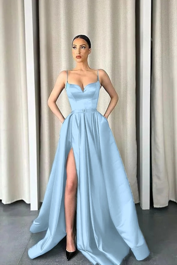 Dark Green Spaghetti-Straps A-Line V-Neck Long Prom Dress With Split
