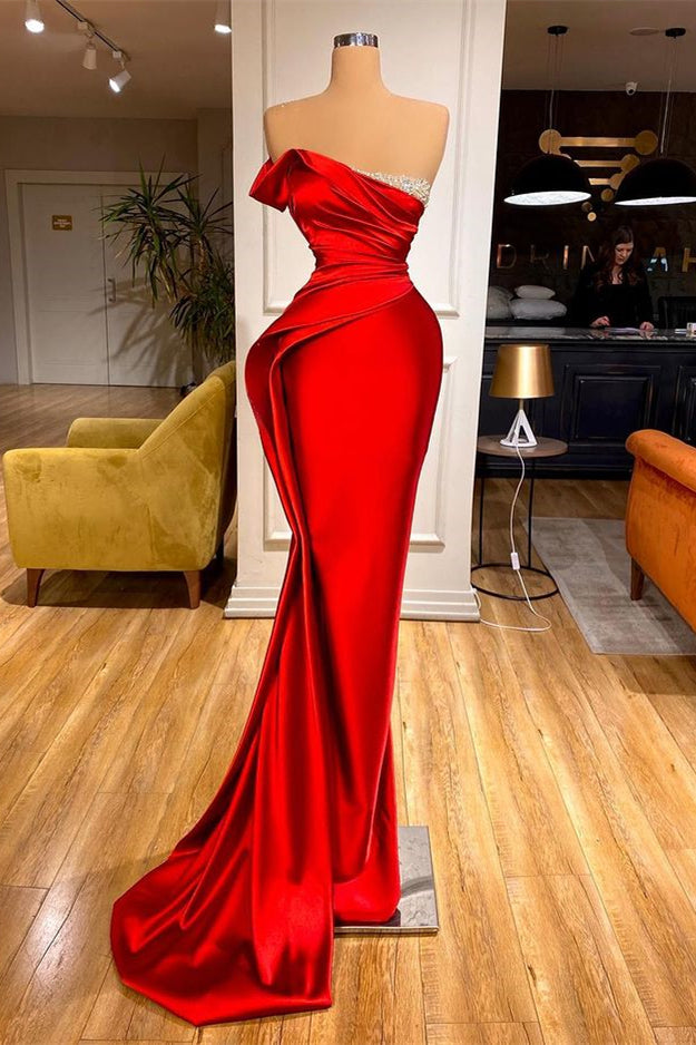 Long Red Strapless Prom Dress Mermaid With Beadings