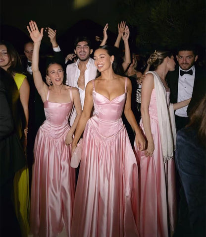 Pink A Line Spaghetti Straps Appliques Satin Long Prom Dress Evening Dress SH1787