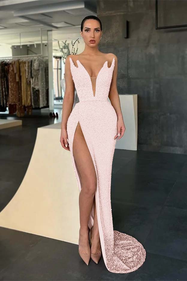 Sleeveless V-Neck Evening Dress Sequins Mermaid With Slit