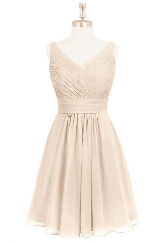 White Alabaster A-line Pleated V Neckline Chiffon Mini Bridesmaid Dress