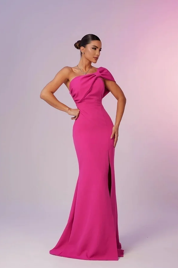Fuchsia Sleeveless Halter Strap Asymmetric Bowknot Long Prom Dress