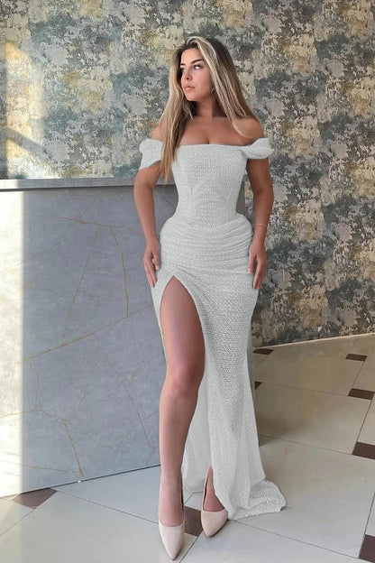 Sleeveless Square Off Shoulder Split Prom Dress With Sequins
