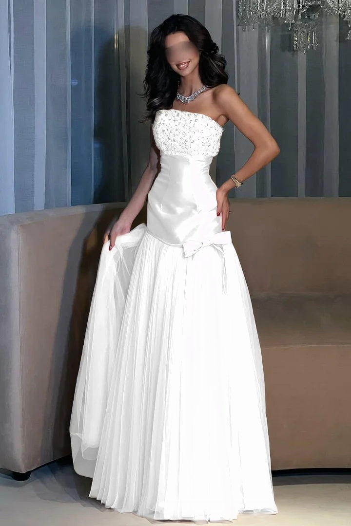 Charming Candy Pink Satin Tulle Sleeveless Strapless Long Evening Dress with Beadings