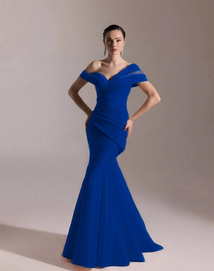 Classic Blushing Pink Off-The-Shoulder Mermaid Pleated Evening Dress