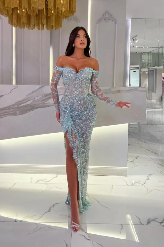 Elegant Sweetheart Lace Split Strapless Prom Dress With Long Sleeves