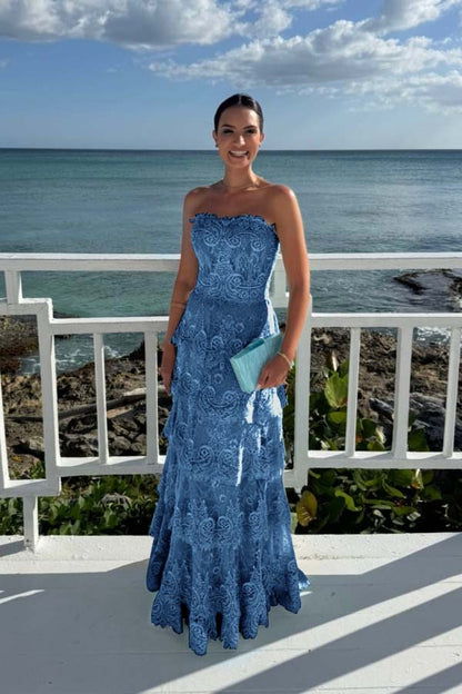 Elegant Mint Green Lace Strapless Sleeveless Prom Dress with Ruffles