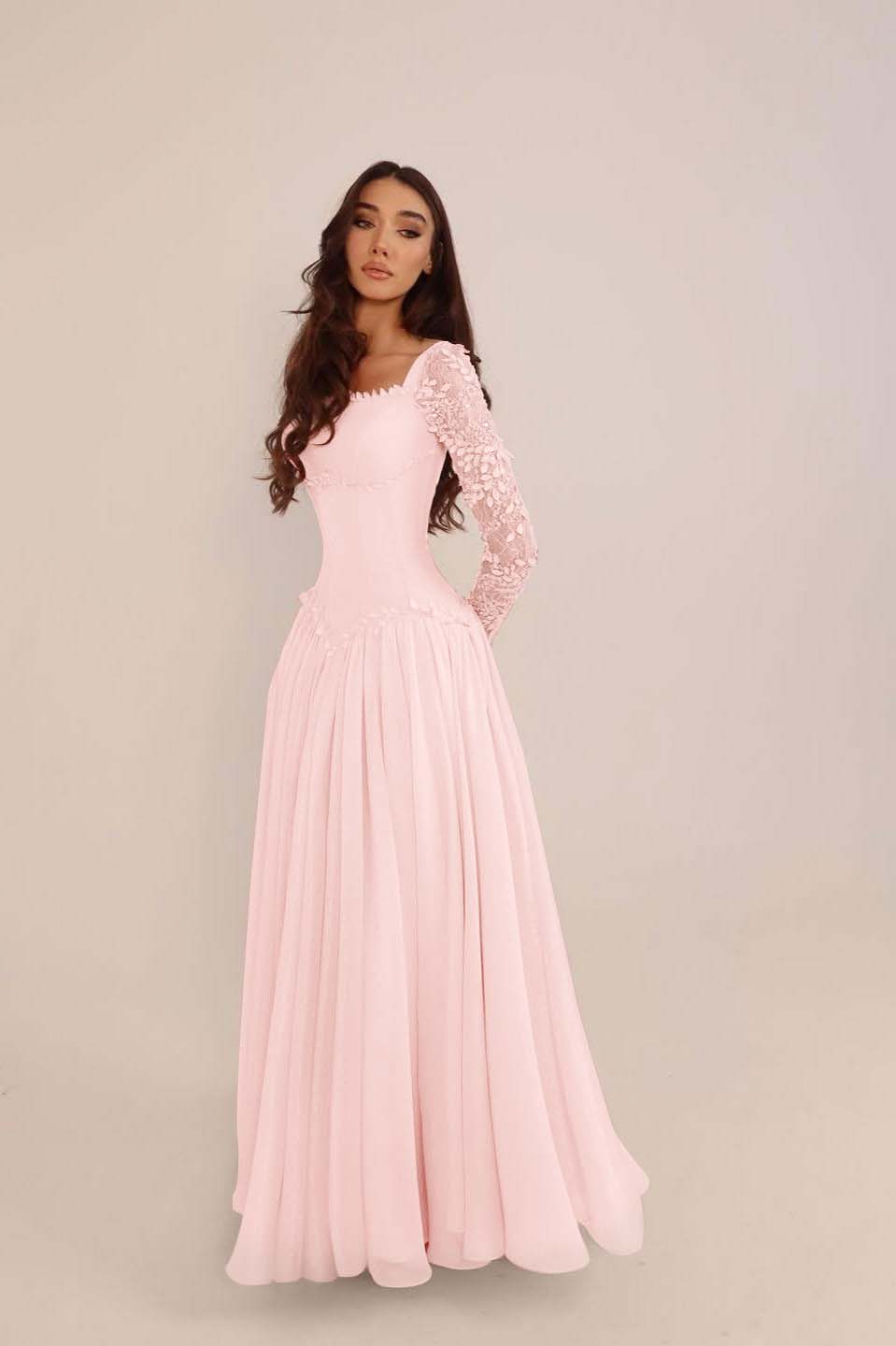 Glamorous Candy Pink Chiffon Long Sleeves Long Evening Dress With Sequins
