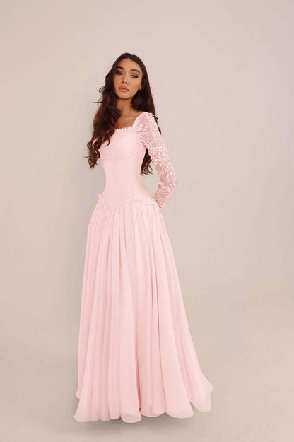 Glamorous Candy Pink Chiffon Long Sleeves Long Evening Dress With Sequins