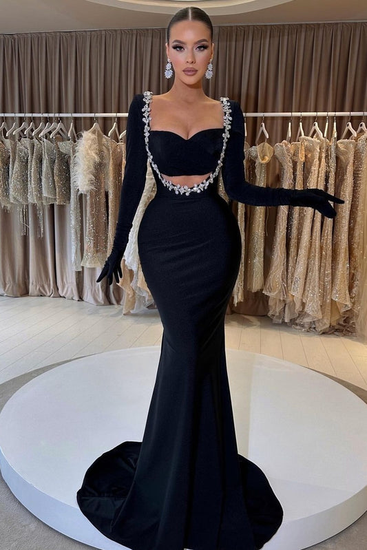 Black Long Sleeve Beaded Charming Mermaid Prom Dress With Gloves