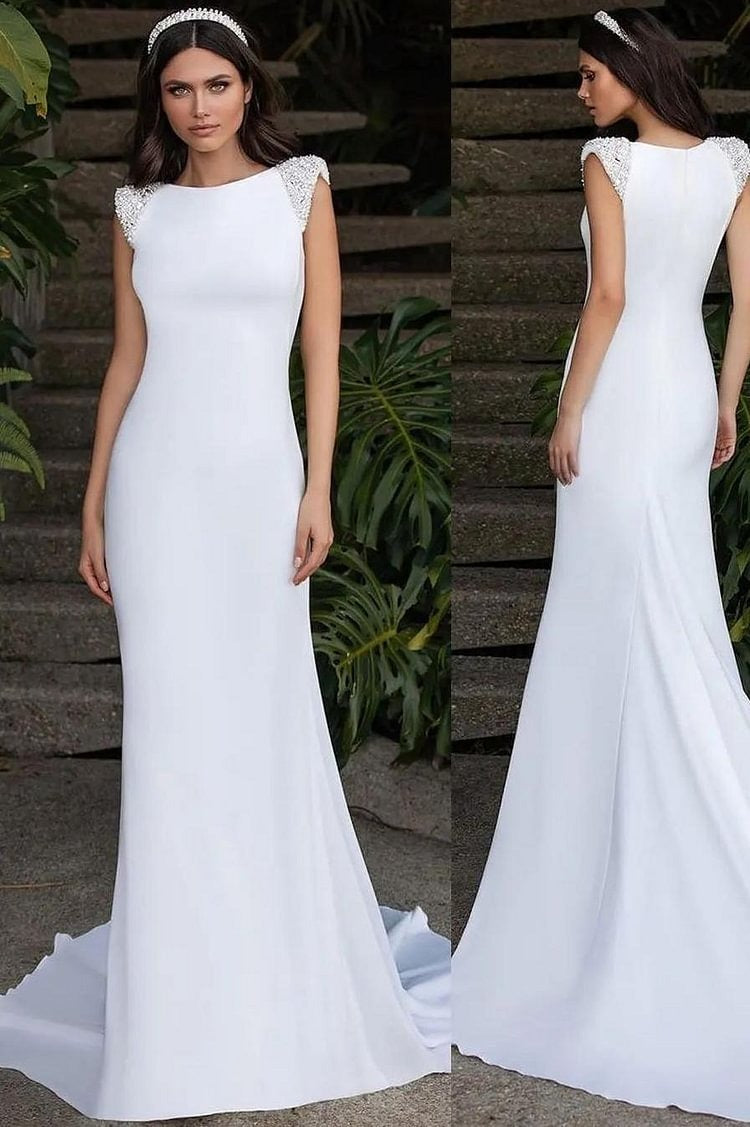 White Sleeveless Strapless Mermaid Long Prom Dress With Beading