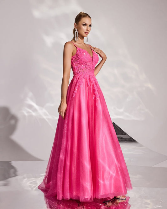 Fuchsia Sleeveless Spaghetti Straps V-Neck A-Line Embroidery Prom Dress