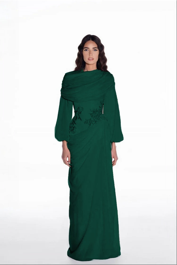 Elegant Long Sleeves Hing Neck Mermaid Evening Dress With Appliques