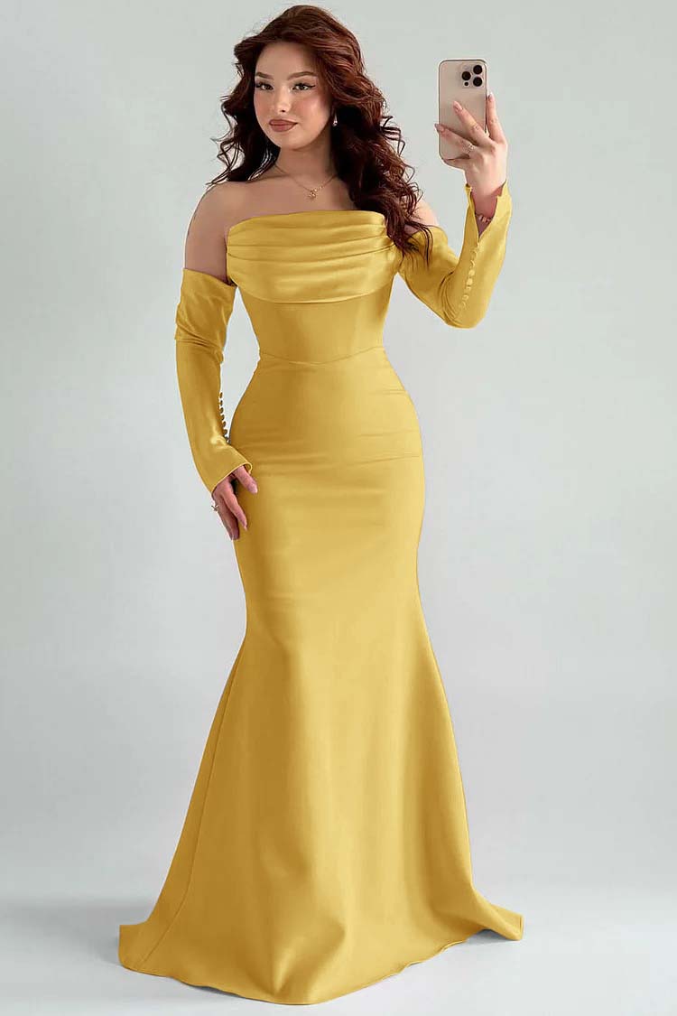 Square Strapless Mermaid Long Sleeves Prom Dress With Pleated
