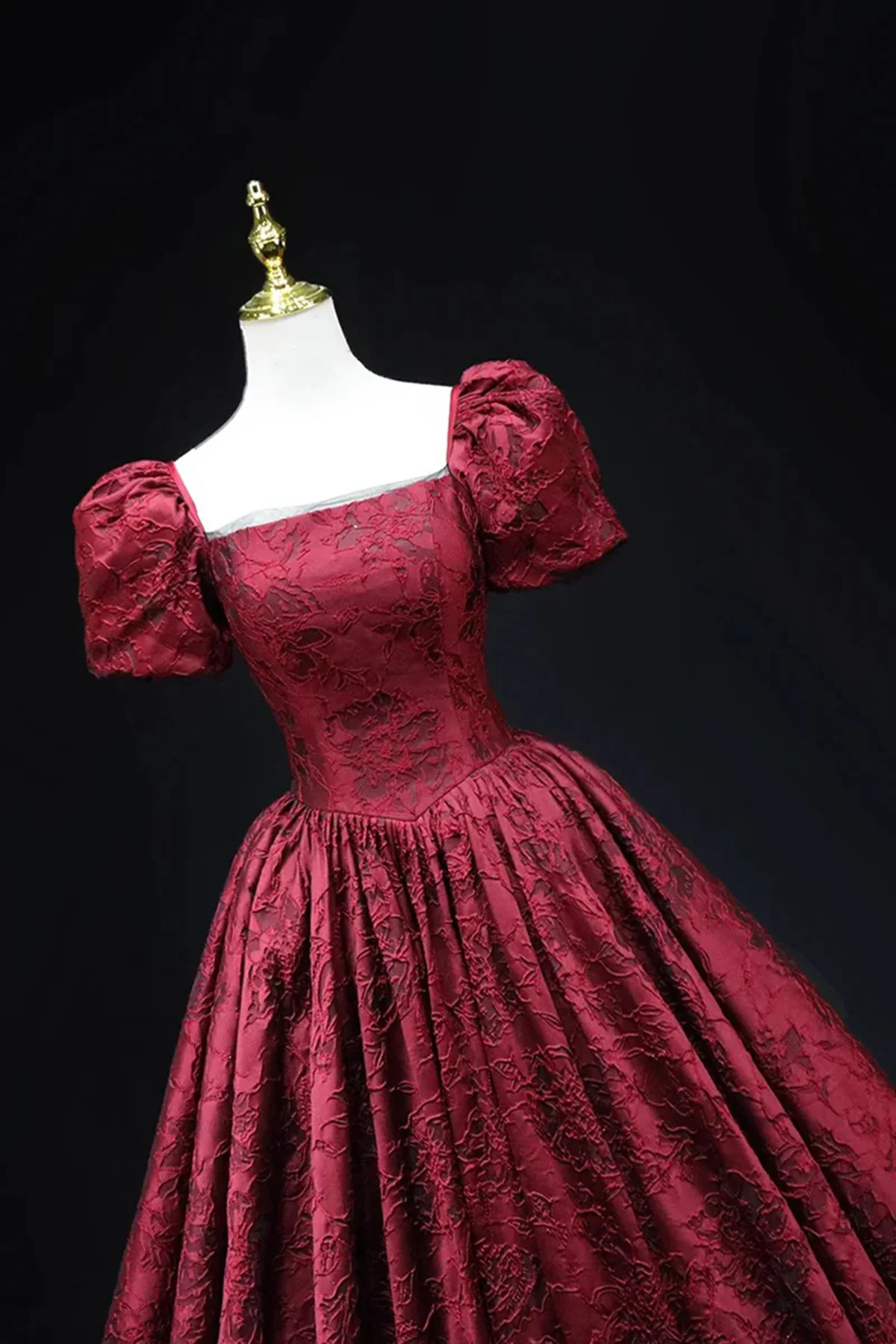 Vintage Square Neck Wine Red Prom Gown, Short Sleeves Evening Dress Party Dress  fg8725