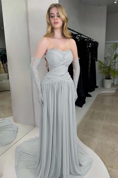 Lilac Strapless Fitted Evening Dress in Chiffon Pleated With Lace