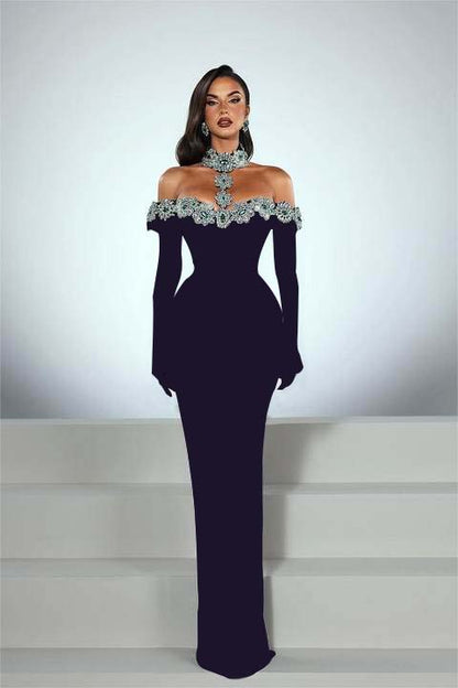 Charming Black Satin Long Sleeves Off the Shoulder Prom Dress with Beadings