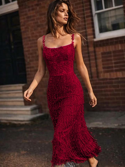 Romantic Pink Spaghetti-Straps Applique Beadings Sleeveless Evening Dress