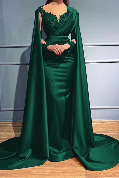 Rust Long Sleeves Beads Appliques Mermaid Evening Dress With Ruffles