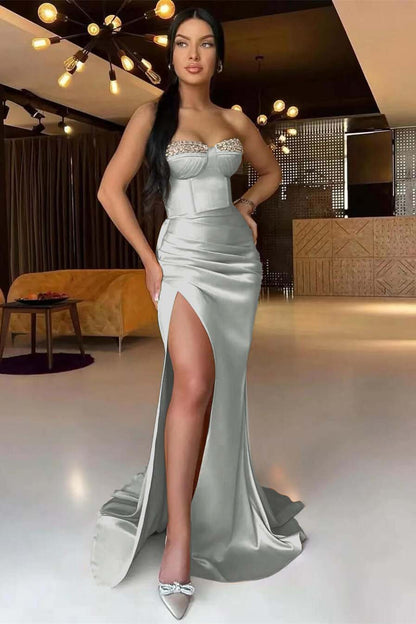 Gorgeous Dark Champagne Strapless  Mermaid Long  Prom Dress Split With Pleats Ruffles Beads