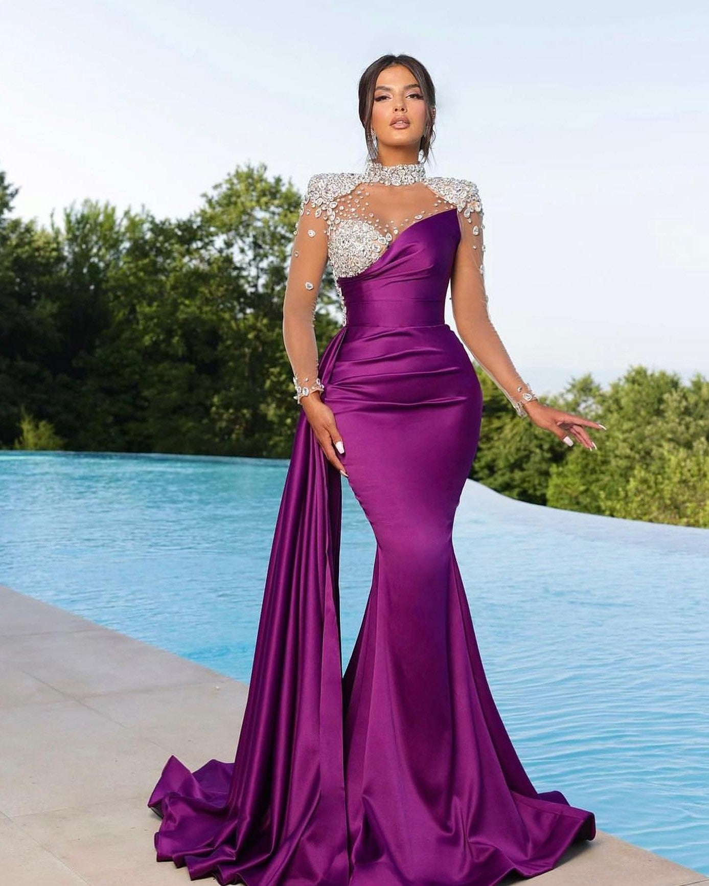 Chic Long Sleeves  Beaded Satin Mermaid Prom Dress with Ruffles