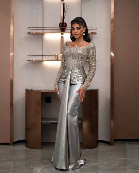 Exquisite Long Sleeves Beaded Sweetheart Pleated Prom Dress