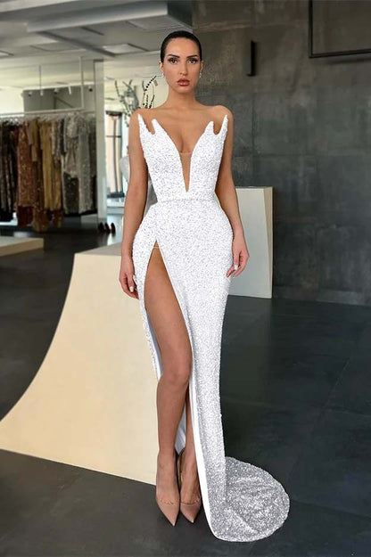 Sleeveless V-Neck Evening Dress Sequins Mermaid With Slit