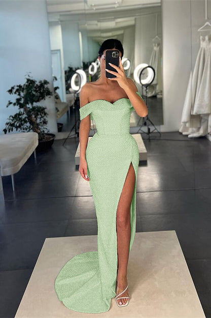 Mermaid White Off-the-Shoulder Sequins Slit Prom Dress