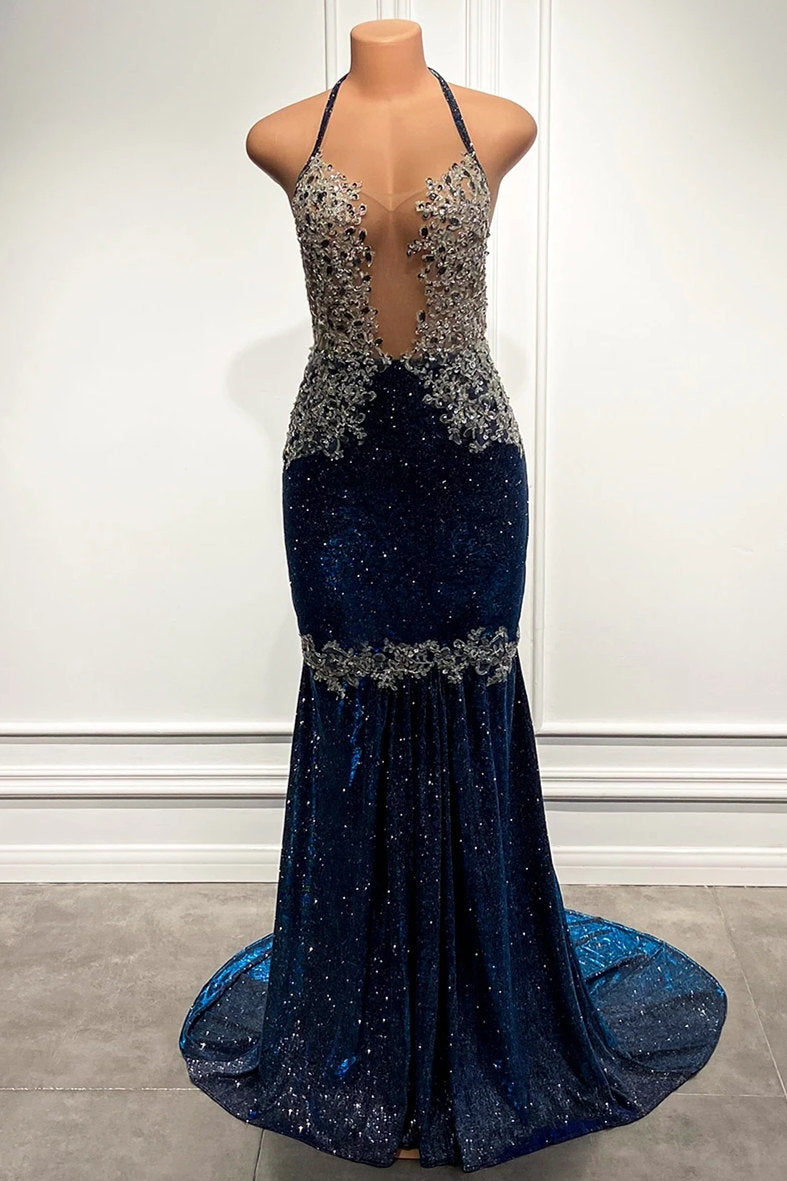 Blue Spaghetti-Straps Prom Dress Mermaid Long With Sequins