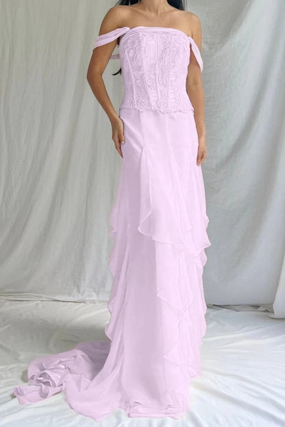 Elegant Ivory Off-Shoulders Evening Dress Sleeveless Ruffles with Applique