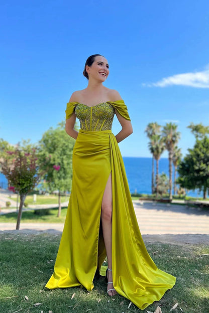 Off-The-Shoulder Mermaid Prom Dress With beads Sweetheart Front Split