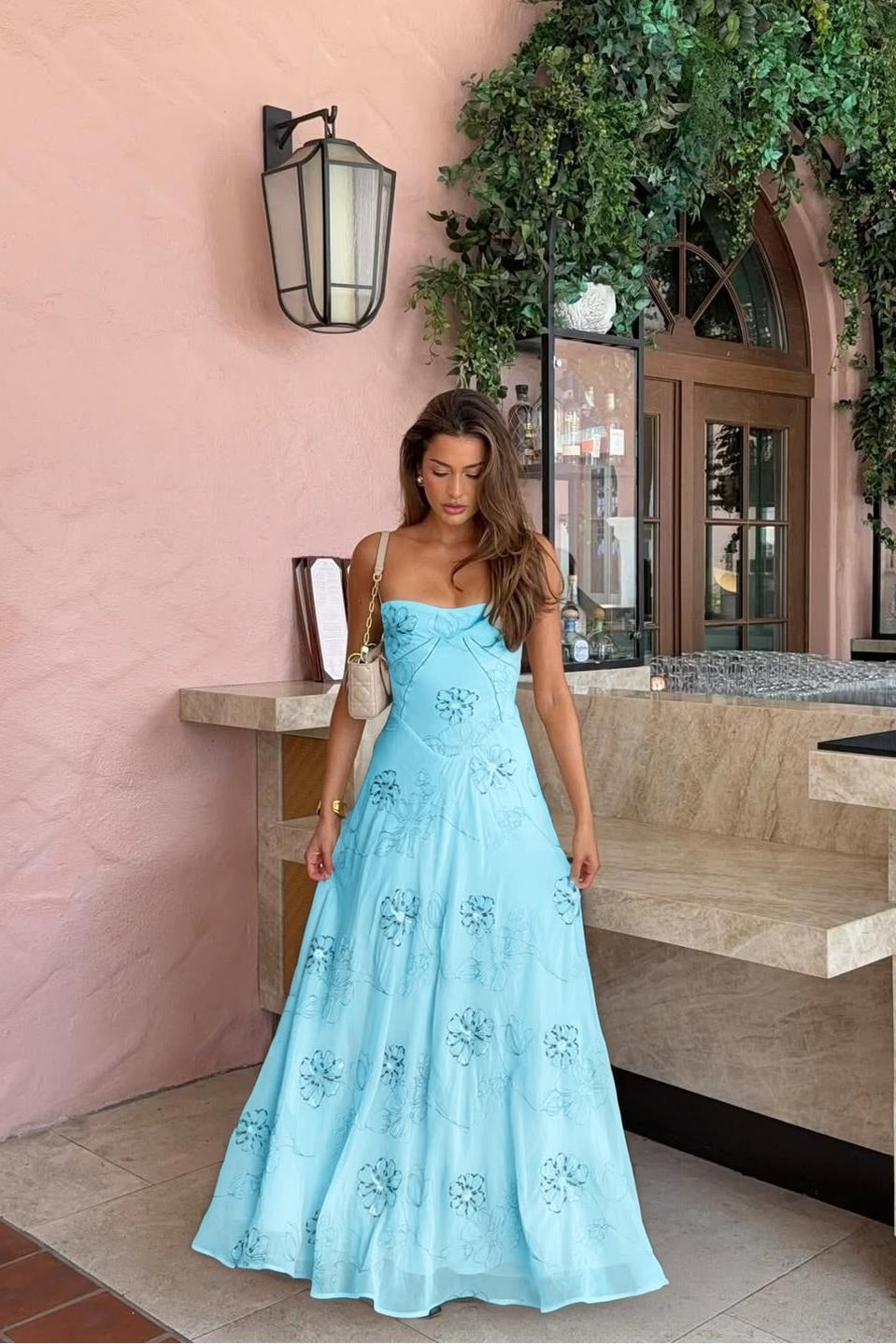 Spaghetti Strap Sleeveless Long Evening Dress With Pleated Appliques