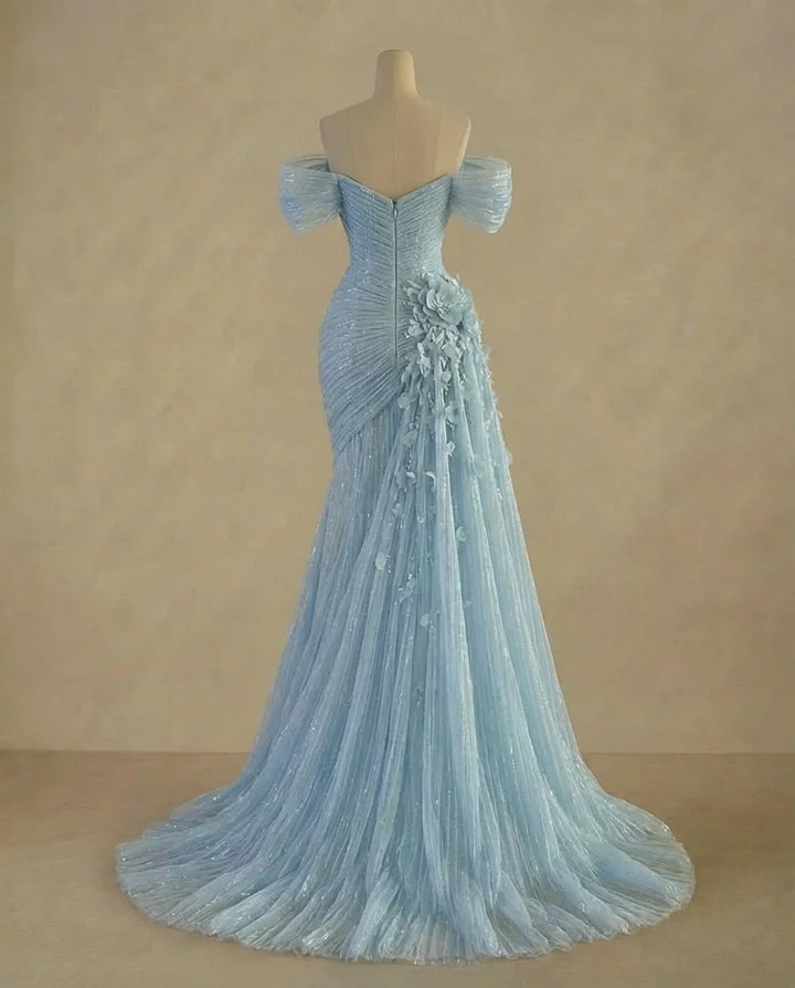 Dreamy Sky Blue Off-The-Shoulder Pleated Sequins Evening Dress With Side Train
