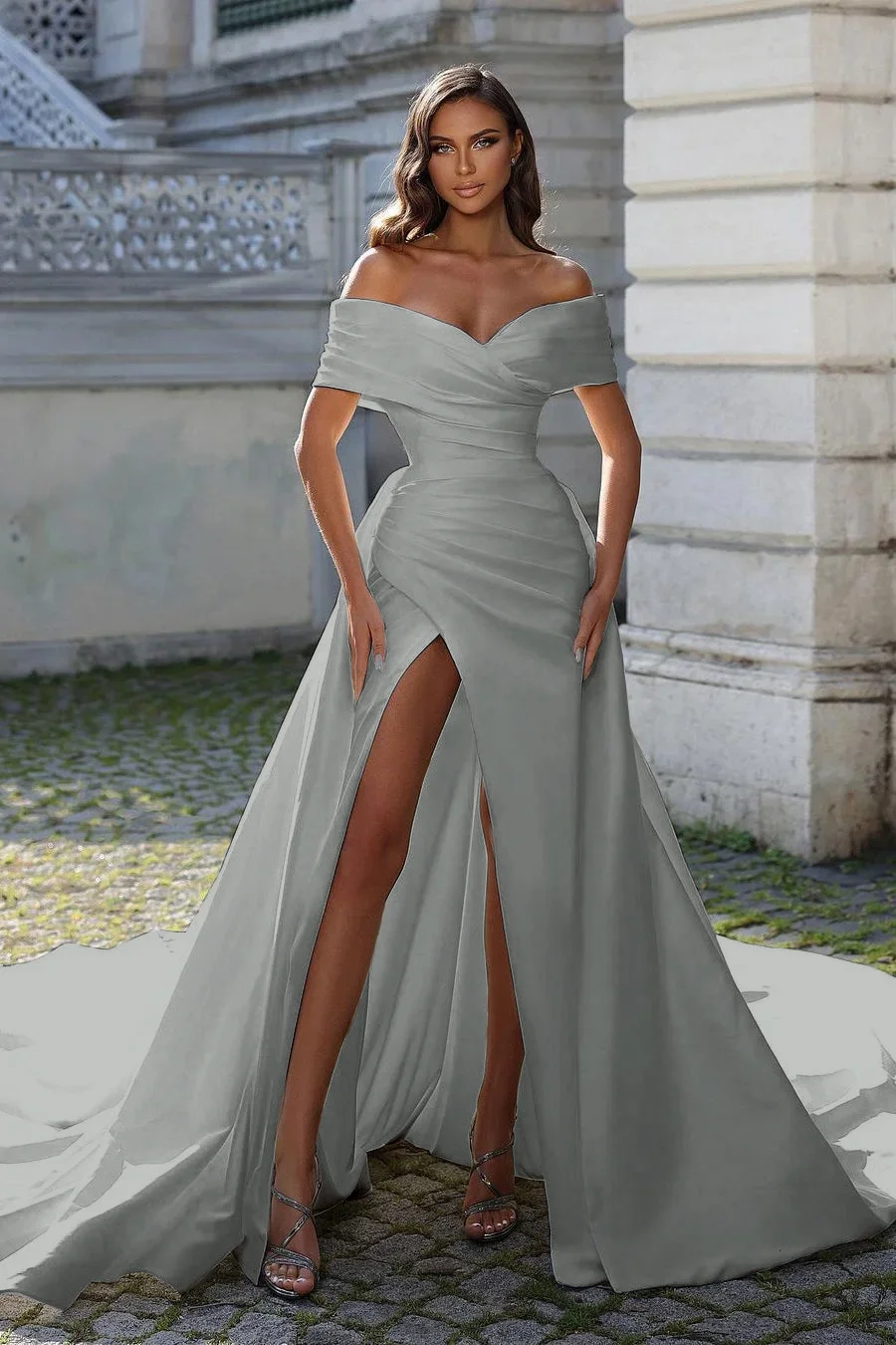 White Split Off-The-Shoulder Long Strapless Prom Dress With Detachable Trail