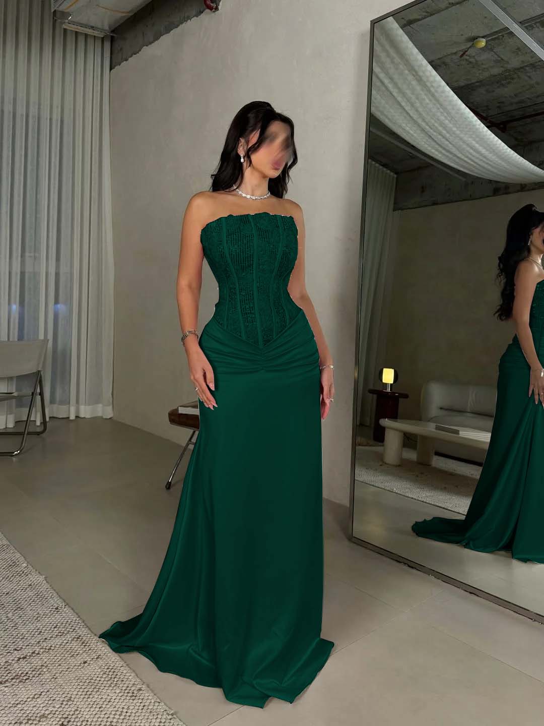 Sleeveless Square Mermaid Strapless Beads Prom Dress
