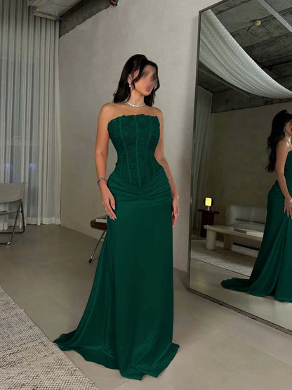 Sleeveless Square Mermaid Strapless Beads Prom Dress