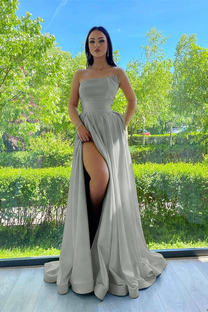 Elegant Strapless A-Line Prom Dress Green With Slit